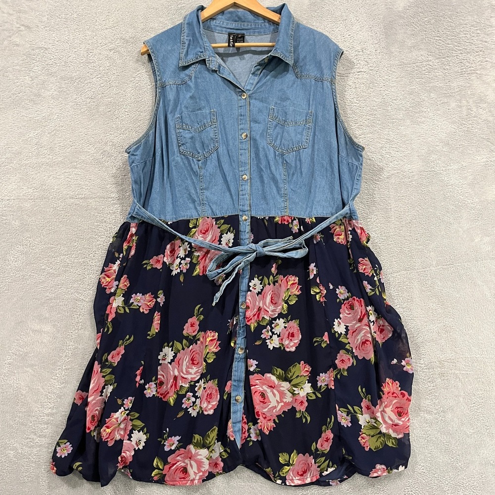 Fun and Flirt Dress 3X Button Down Floral Cotton Bohemian‎ Chambray Sleeveless